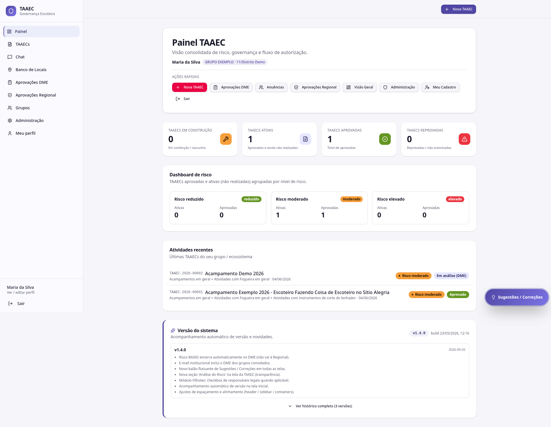 Painel TAAEC completo com cards de status, dashboard de risco, atividades recentes e versão do sistema