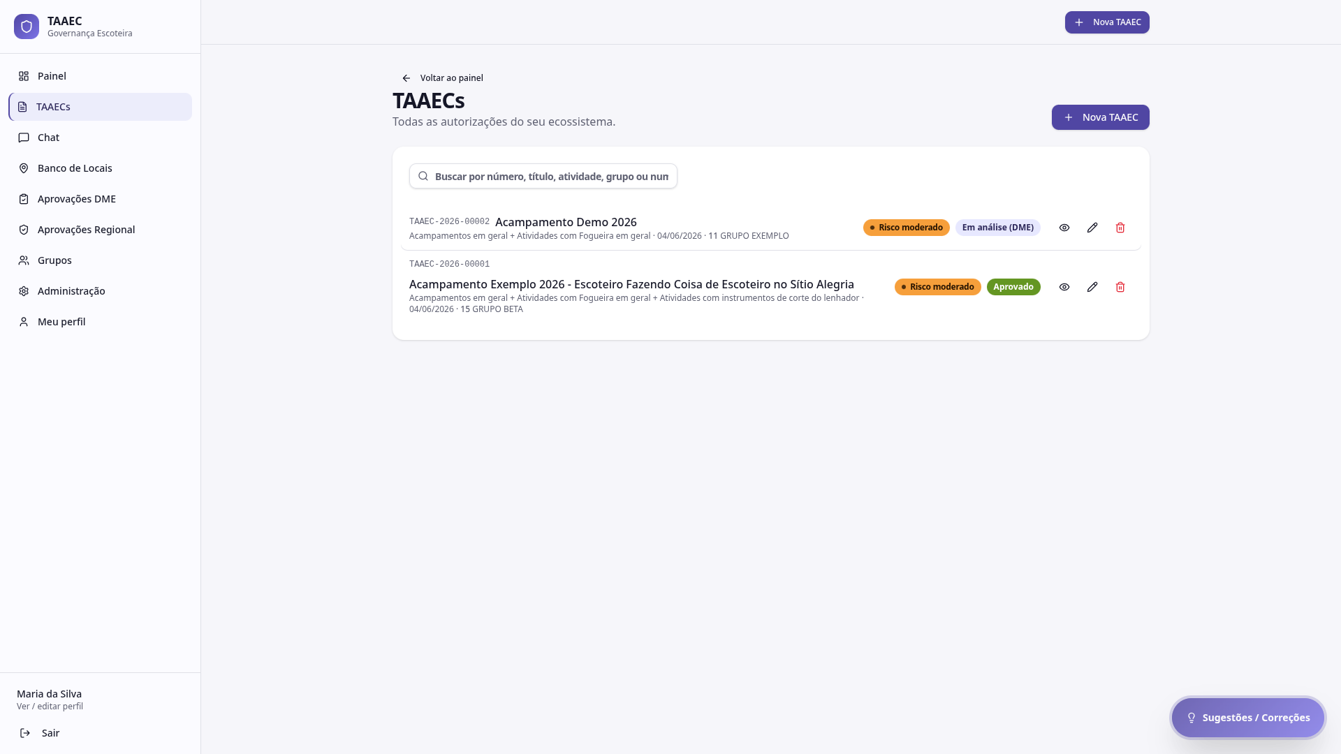 Lista de TAAECs do ecossistema com filtros, tags de risco e status