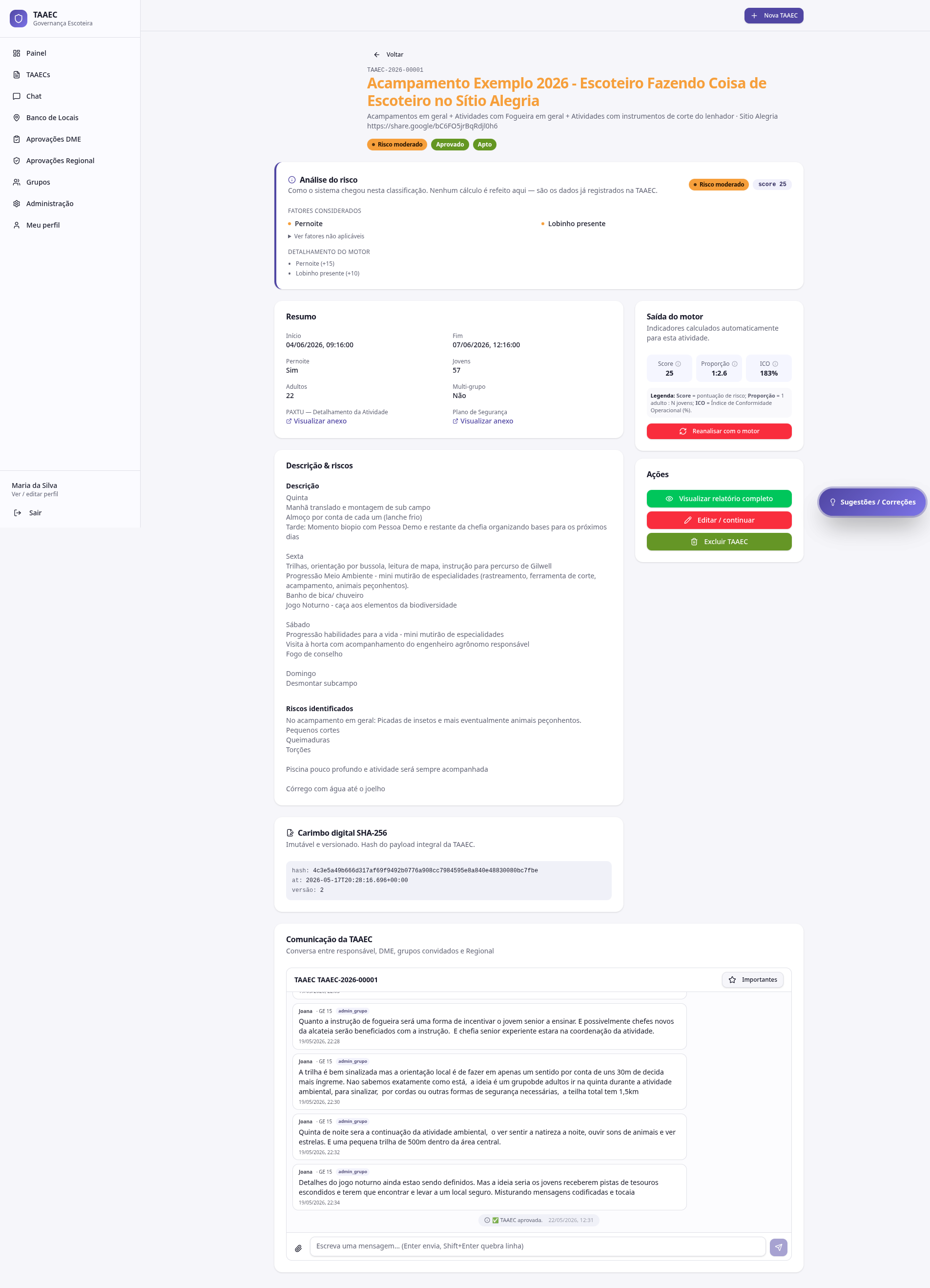 Detalhe de uma TAAEC com análise de risco, resumo, descrição, carimbo SHA-256 e chat