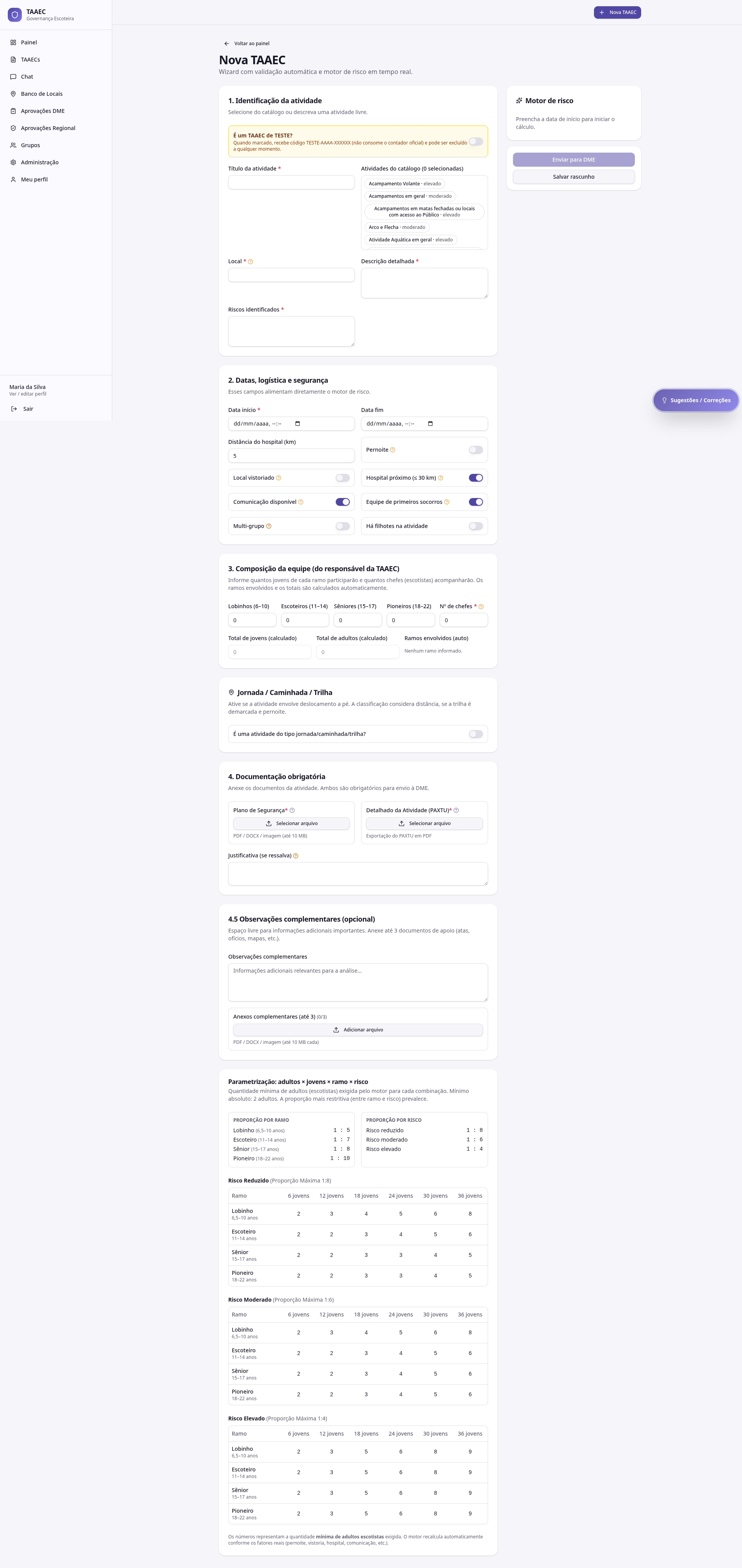 Wizard de criação de TAAEC com seções de identificação, datas, equipe, jornada e documentos