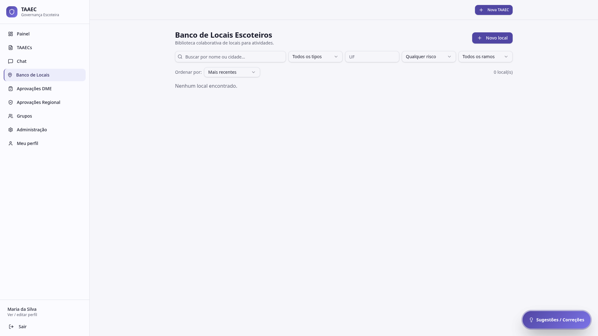Banco de Locais com busca, filtros por tipo/UF/risco/ramo e ordenação