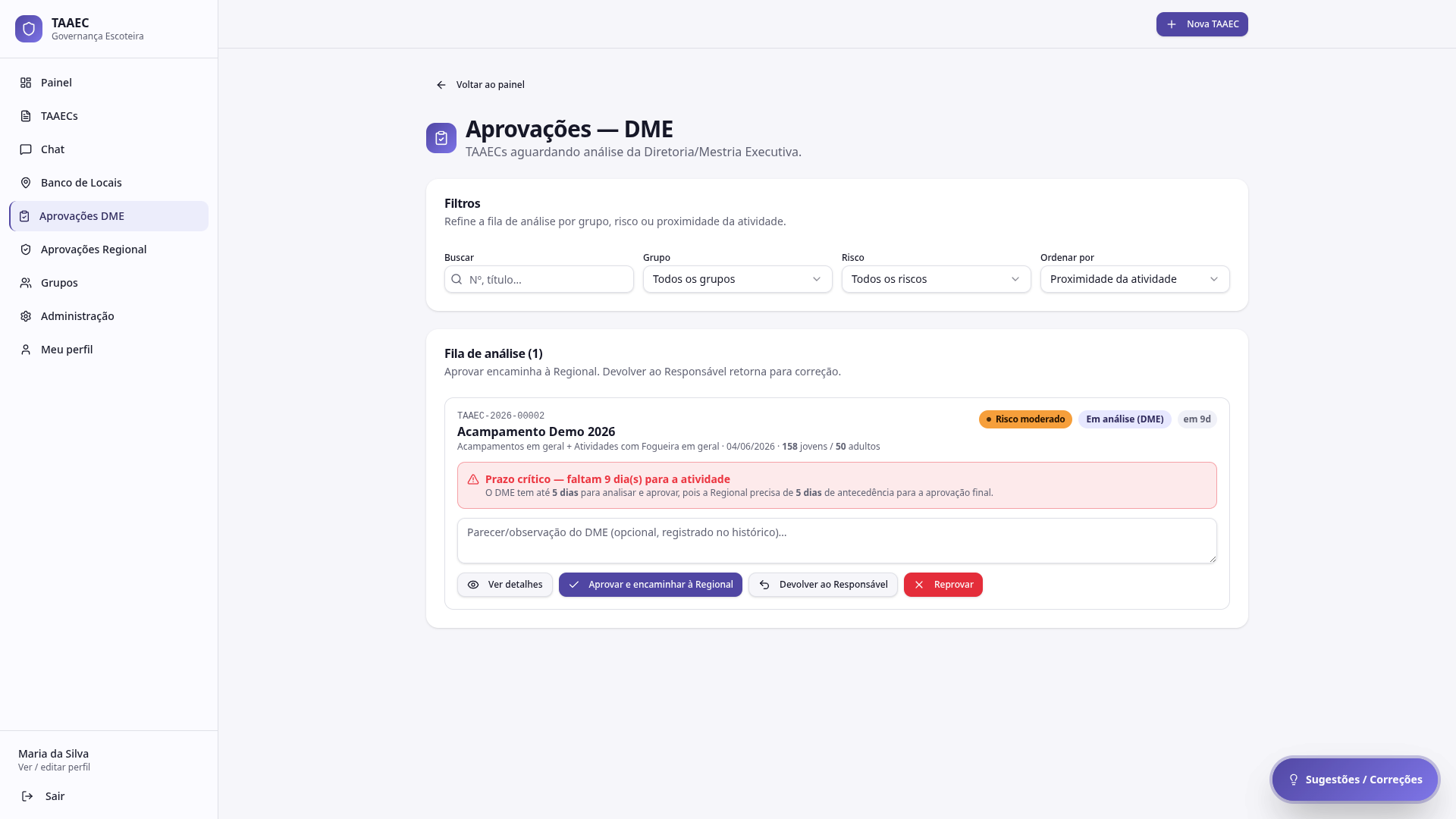Fila de Aprovações DME com filtros, alerta de prazo crítico e ações de aprovar/devolver/reprovar