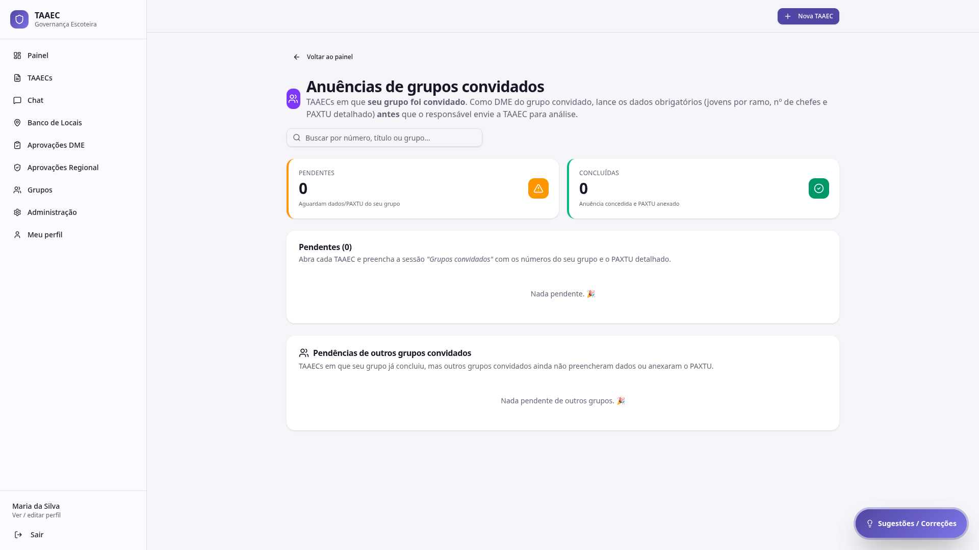 Tela de Anuências com cards Pendentes/Concluídas e card de pendências de outros grupos