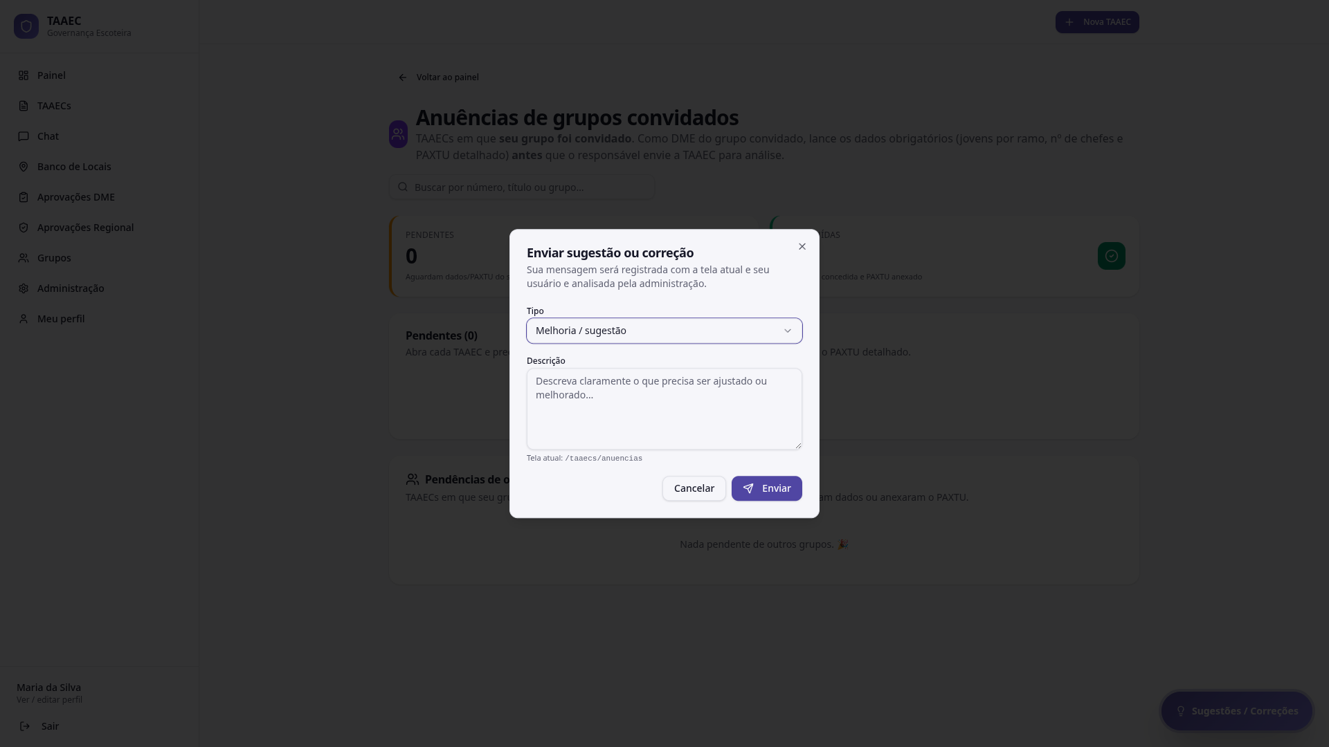 Popup de envio de sugestão ou correção com tipo, descrição e tela atual identificada