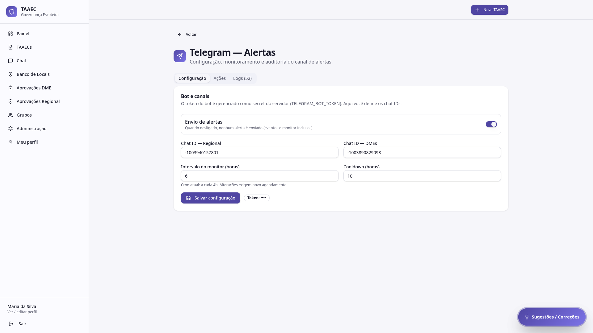 Configuração do Telegram com bot, chat IDs, cooldown e logs de envio